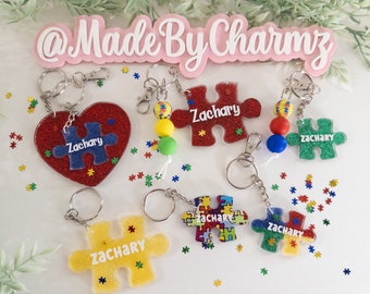 Autism Awareness Puzzle Keychain/Puzzle Resin Keychain, Silicone beads keychain, autism awareness, backpack tag, keys accessory,Autism Resin