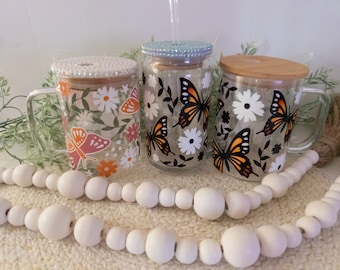 Butterfly Glass Can| Butterfly Glass Mug, Cute Butterfly Cup, Butterfly Glass Cup, Butterfly Drinkware, Butterfly Glassware, Glass Can