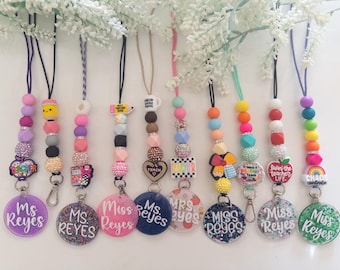 Personalized Beaded Teacher Lanyard - Custom Silicone Bead ID Badge Holder, Teacher Badge Holder,