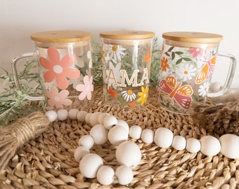 Floral Glass Mug with Handle| Mama Glass Mug, Pastel Floral Mug, Butterfly Glass Mug, Cute Glass Mug, Clear Mug, Cute Cup, Flower Glass Mug