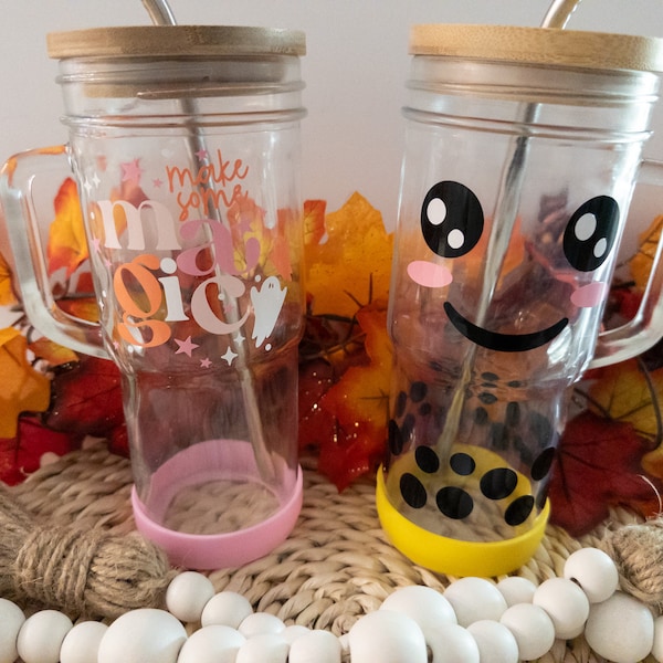 Mason Jar Cup with Handle| Boba Glass Cup, Wide Mouth Cup, 24oz Glass Cup with Handle, Reusable Boba Cup, Boba Drinkware, Cute Boba Glass