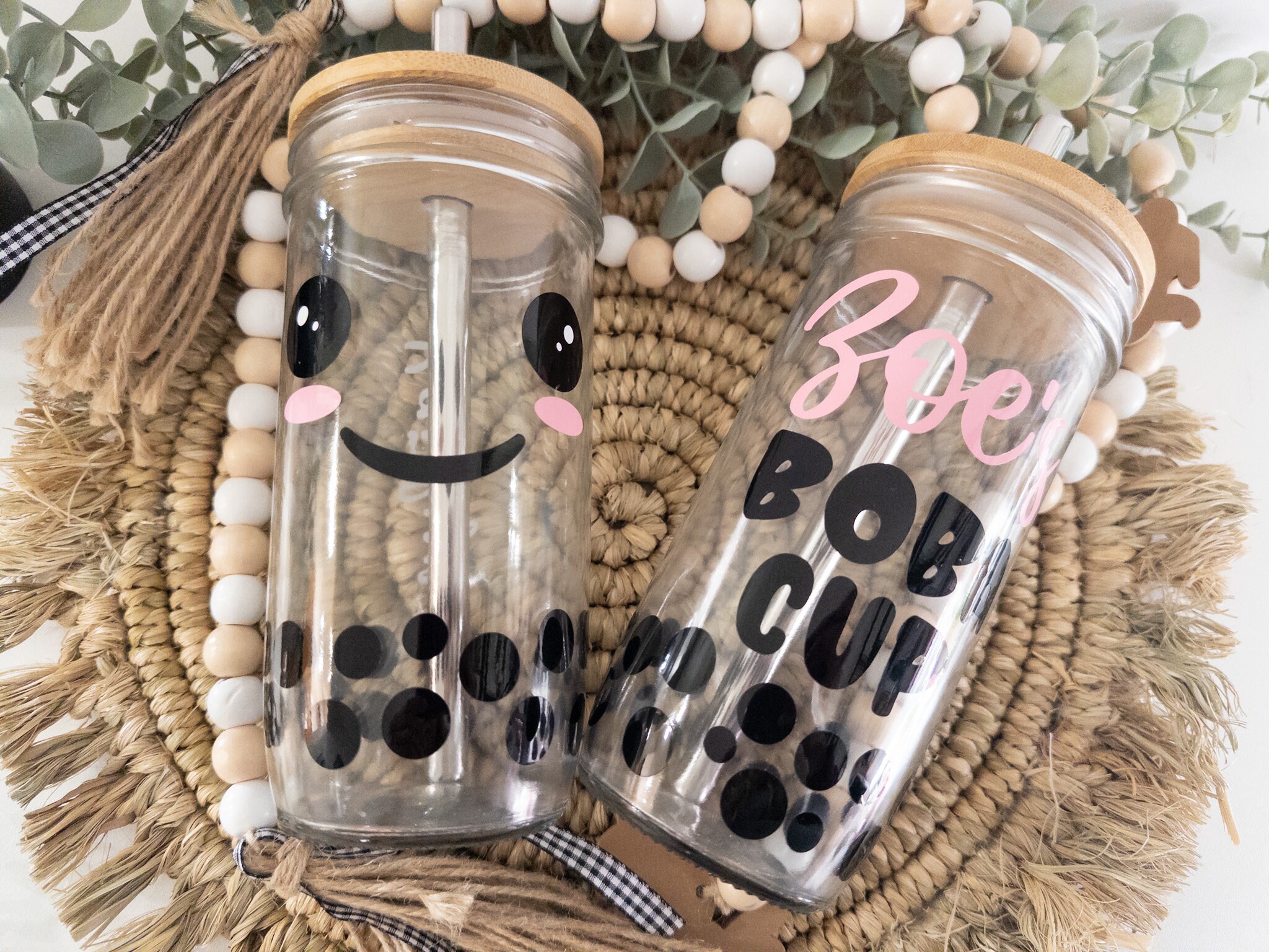 PINK Cute Glass Mason Jar Boba Cup with Bamboo Lid and Eco Straw-Buddha  Bubbles Boba Inc.