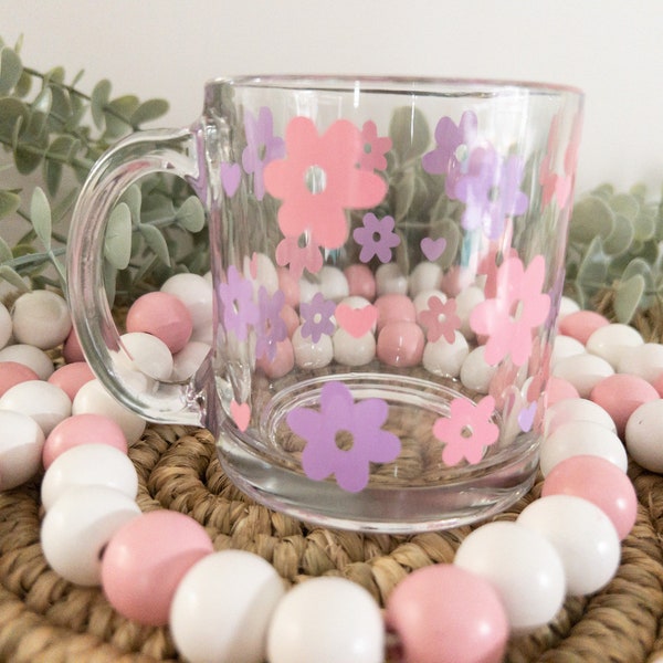 Retro Flower Clear Coffee Mug| Clear Coffee Cup, Cute Coffee Mug,Libbey Clear Glass Mug,13 oz clear mug,Floral Mug,Aesthetic Cup,clear glass