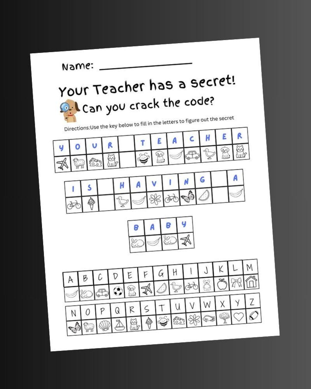 Teacher's Secret Code Worksheet Fun Baby Announcement Bonus Gender ...