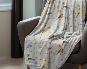 Whimsical Bird and Wildflower Light Velveteen Blanket, Bird Blanket, Soft Bird Blanket