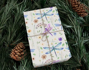 Whimsical Dragonfly and Wildflower Gift Wrap, Wrapping Paper Roll, Gift Wrap Sheets, Floral Dragonfly Gift Packaging