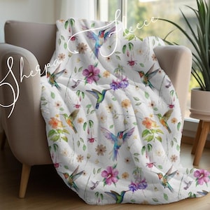 Sherpa Whimsical Hummingbird and Wildflower Sherpa Fleece Blanket - Cozy Home Decor, Floral Throw Blanket, Hummingbird Gifts