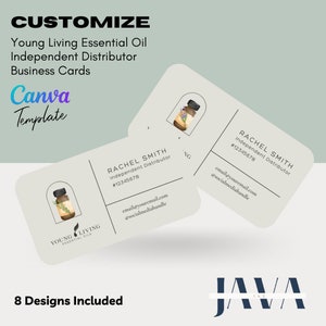 May include: A customizable business card template for Young Living Essential Oil Independent Distributors. The template features a watercolor illustration of a bottle of essential oil and the text "RACHEL SMITH Independent Distributor #12345678" along with contact information. The text "8 Designs Included" is also visible.