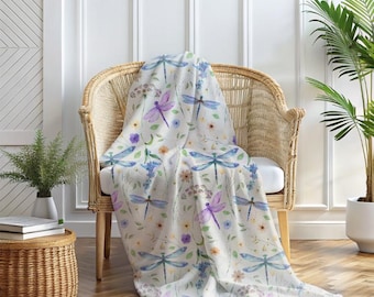Whimsical Dragonfly and Floral Light Velveteen Blanket