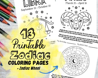 13 Zodiac Coloring Pages + Zodiac Wheel