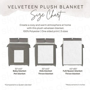 May include: Size chart for a velveteen plush blanket in three sizes: 30" x 40" baby blanket, 50" x 60" kids blanket, and 60" x 80" full/queen blanket. The blanket is 100% polyester and has a one-sided print.