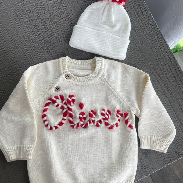 Hand embroidered Seasonal/Holiday sweater with Matching Beanie