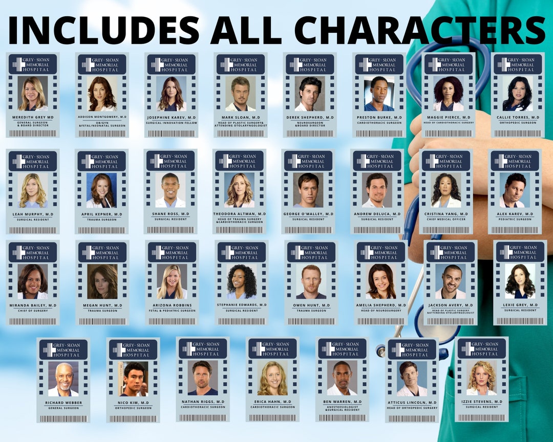 PRINTABLE Grey's Anatomy Set, Includes All 31 Key Characters, Id Cards ...