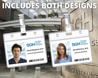 PRINTABLE Greys Anatomy, Meredith Grey and Derek Shepherd id Cards, Cosplay Grace, Replica, Id card, Name badge, Costume, Halloween