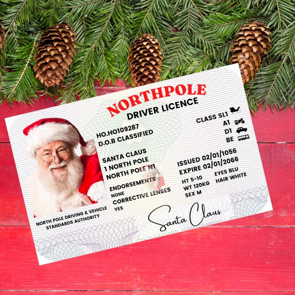 PRINTABLE Santa Lost Licence, Christmas Eve, Driving Licence, ID Card, Christmas novelty, North Pole, Reindeer, Stocking, Sleigh