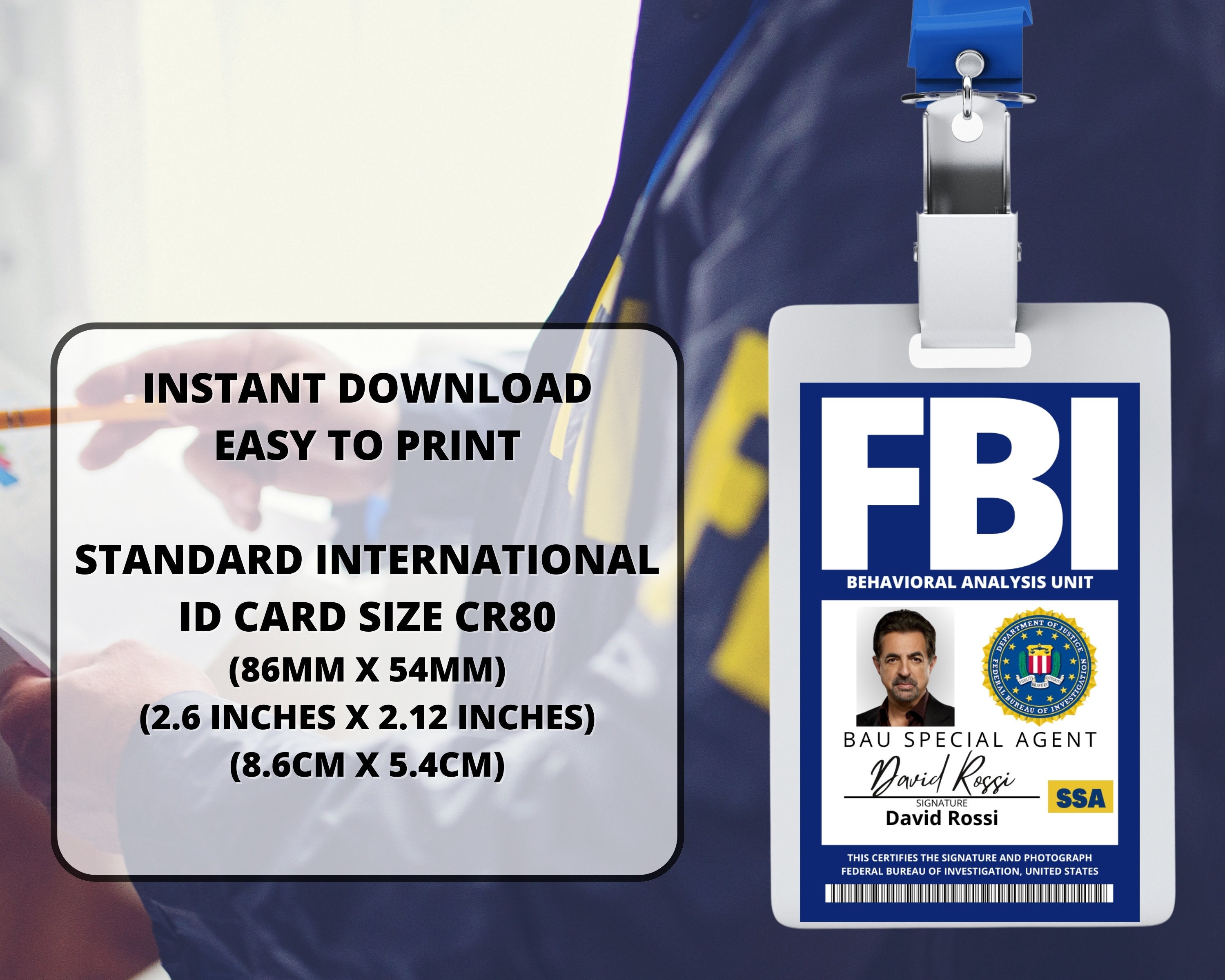 AFDRUKBARE David Rossi ID Badge, Criminal Mind, Cosplay.