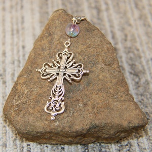Tibetan Silver Cross with Purple / Blue Crystal Ball Pendant on Heavy Duty Stainless Steel Chain, Necklace