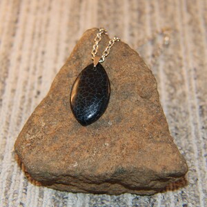 Blue/black Fire Dragon Veins Agate Marquise Pendant on Heavy Duty Stainless Steel Chain, Necklace