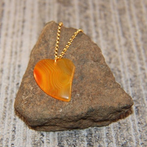 Yellow/Orange Stripes Agate Heart Pendant Necklace on Golden Heavy Duty Stainless Steel Chain