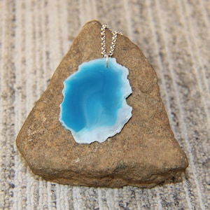 Blue / White Stripes Agate Slab Pendant on Heavy Duty Stainless Steel Chain, Necklace