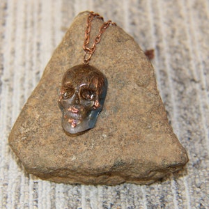 Custom Cast Copper and Moss Memento Mori Skull with Blue back on Copper Chain, Necklace