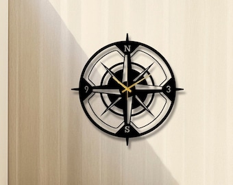Compass Large Wall Clock, Metal Wall Clock, Unique Circle Wall Clock, Silent Metal Clocks, Handmade Home Decor, Office Wall Clocks