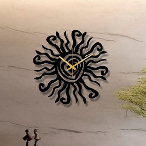 Sun Metal Wall Clock, Unique Oversized Silent Mid Century Modern Decor, Decorative Wall Clock for Livingroom, Housewarming Gifts