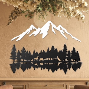 Decorazione da parete in metallo con silhouette di montagna e foresta, regalo di decorazioni naturali, grande decorazione da parete in metallo alla moda, decorazione da camera in stile fattoria, decorazione da esterno per garage