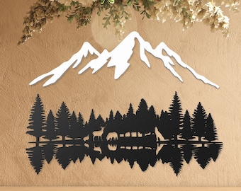 May include: Black metal wall art depicting a mountain range with a reflection of trees and a lake in the water. The mountains are white and the trees and lake are black.