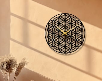 Reloj de pared de metal con diseño de flor de la vida, arte geométrico, reloj moderno silencioso, reloj de pared grande decorativo para cocina o sala de estar
