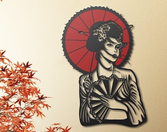 Japanese Geisha Extra Large Metal Wall Art for Living Room, Japanese Style Bedroom Metal Wall Decor for Above Bed, Japan Posters