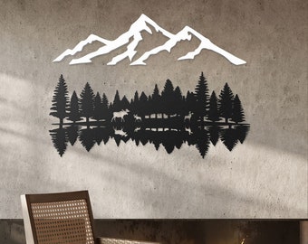 Metal Mountain Wall Art, Mountain Wall Decor, Large Metal Wall Art Mountains, Wall Hanging, Horizontal Mountain Home Decor for Living Room