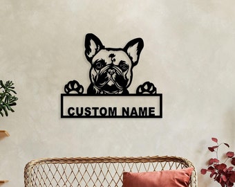 Decorazione murale in metallo personalizzata con bulldog francese e nome personalizzato, arredamento moderno per gli amanti dei cani, regalo unico per bulldog francese, cartello in metallo con bulldog francese