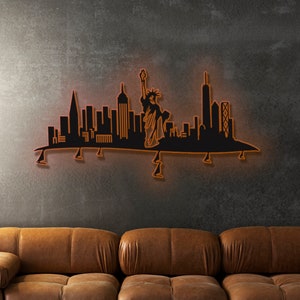 New York Citybild Metallwandkunst mit Neon-LED-Leuchten, modernes NYC Skyline Dekor, Einweihungsparty Geschenk, New York Büro Wanddekoration