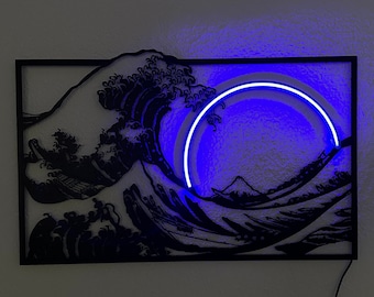 Japanese Wall Art Decor, Metal Neon Light, The Great Wave Off Kanagawa Poster, Metal Wall Decor, Japanese Wall Art Framed