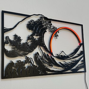 Japan Wall Art Neon Sign Great Wave Off Kanagawa Metal Wall Art Neon Light Metal Sign Japanese Poster Gift for Housewarming