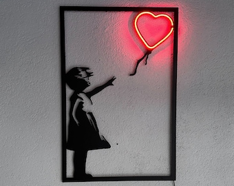 Arte moderno de pared de metal Banksy con letrero LED de neón, graffiti Bansky y decoración del hogar inspirada en el arte callejero, arte de pared extra grande de Banksey