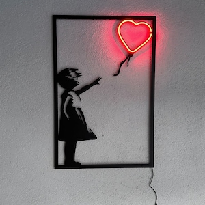 Modern Banksy Metal Wall Art with Neon LED Sign, Bansky Graffiti and Street Art Inspired Home Decor, Banksey Extra Large Wall Arts