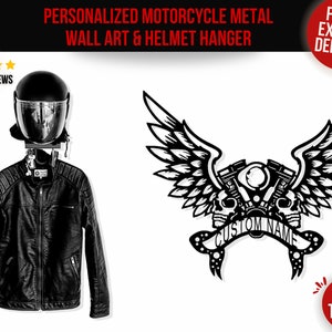 Motorcycle Helmet Holder Wall Mount, Motorbike Helmet and Jacket Holder, Helmet Hanger, Motorcycle Lover Gift for Him, Metal Name Sign