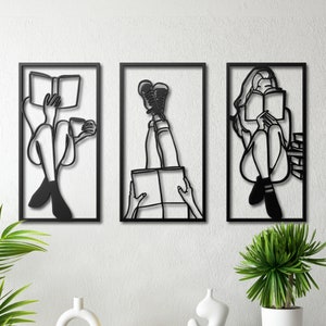Minimalist Line Art, Metal Wall Decor, Woma Reading Book Metal Wall Art, Home Wall Hangings, Geometric Wall Art, Home Metal Decor