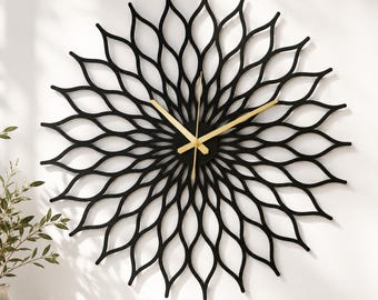 Minimalist Oversized Metal Wall Clock, Geometric Floral Design, Modern Large Wall Clock, Unique Wall Art, Silent Non Ticking Wall Clocks