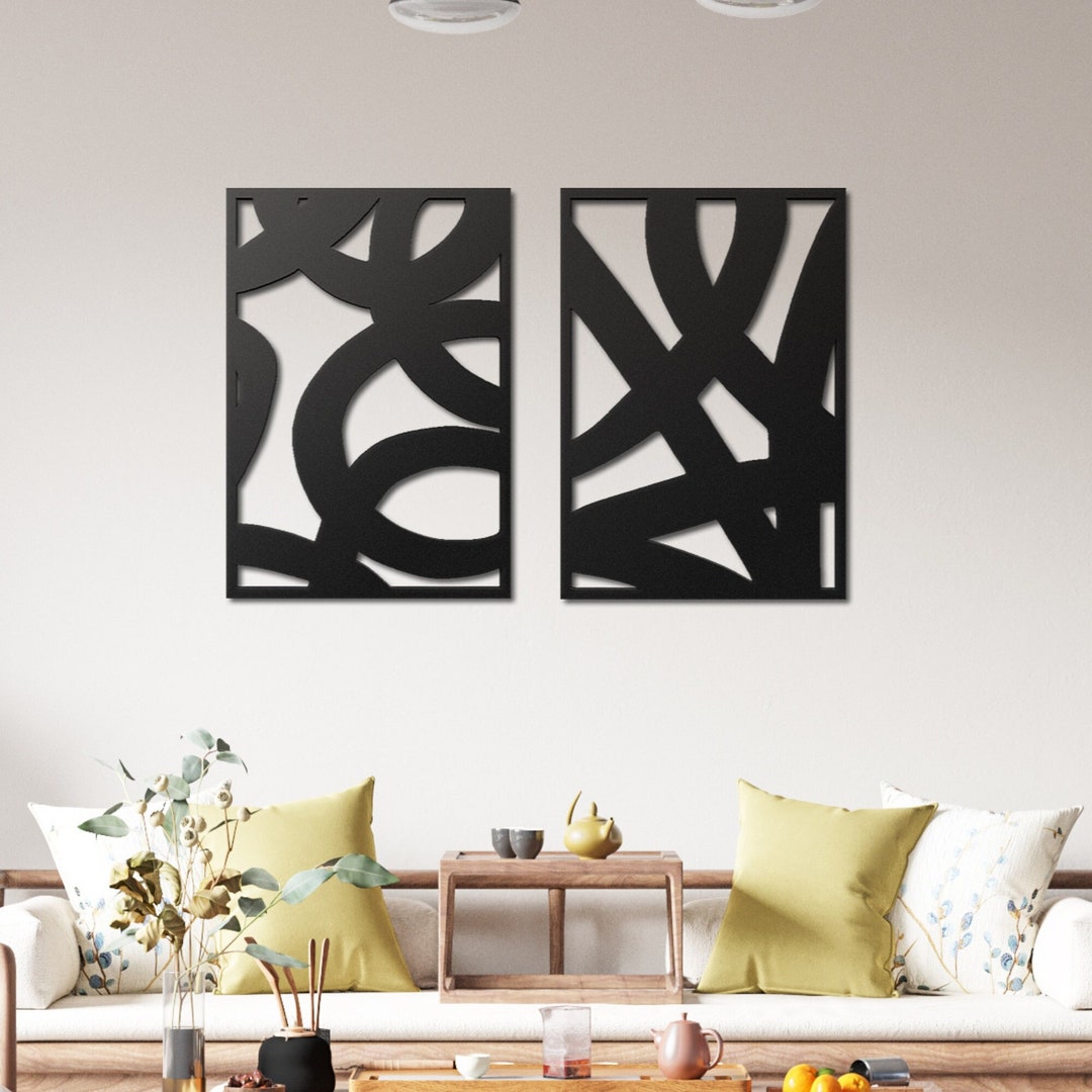 Large Abstract Artwork, Abstract Black Lines Metal Wall Art, Set of 2 ...