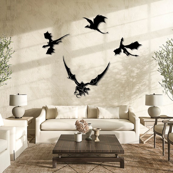 Metal Mythical Dragon Art, Flying 4 Dragons Outdoor and Garden Wall Decor, Black Wall Accent, Gift for Yard, Dragon Fantasy Art (4 pcs)