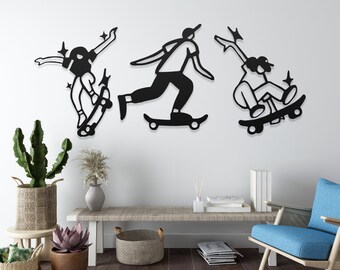 Skateboard Metal Wall Art, Handmade Gift for Skaters, Black Hippie Room Decor, 21st Birthday Gift for Him Boyfriend Unique, Kids Room Decor
