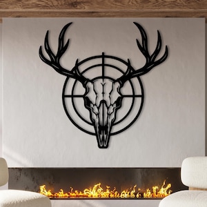 Décoration murale en métal tête de mort de cerf avec bois, décoration de cible de chasse, décoration murale tête de mort rustique, décoration d&#39;art en métal cabane western, idée cadeau homme des cavernes