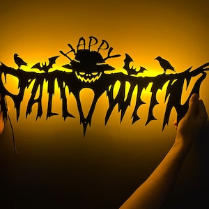 Spooky Happy Halloween Decoration with LED Light Sign, Metal Wall Art for Indoor Halloween Home Decor, Metal Wall Hanging