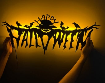 Gruselige Happy Halloween Dekoration mit LED Leuchtschild, Metall Wandkunst für Indoor Halloween Wohnkultur, Metall Wandbehang