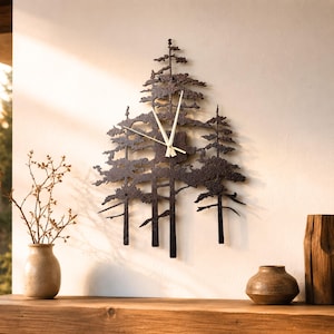May include: A rustic metal wall clock shaped like a group of pine trees. The clock has a dark brown finish with cream-colored clock hands. The clock is mounted on a light-colored wall.