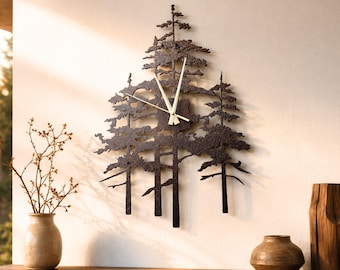 Pine Tree Metal Wall Clock, Nature Inspired Decor for Cabin or Farmhouse