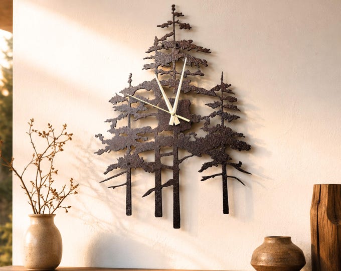 Pine Tree Metal Wall Clock, Nature Inspired Decor for Cabin or Farmhouse